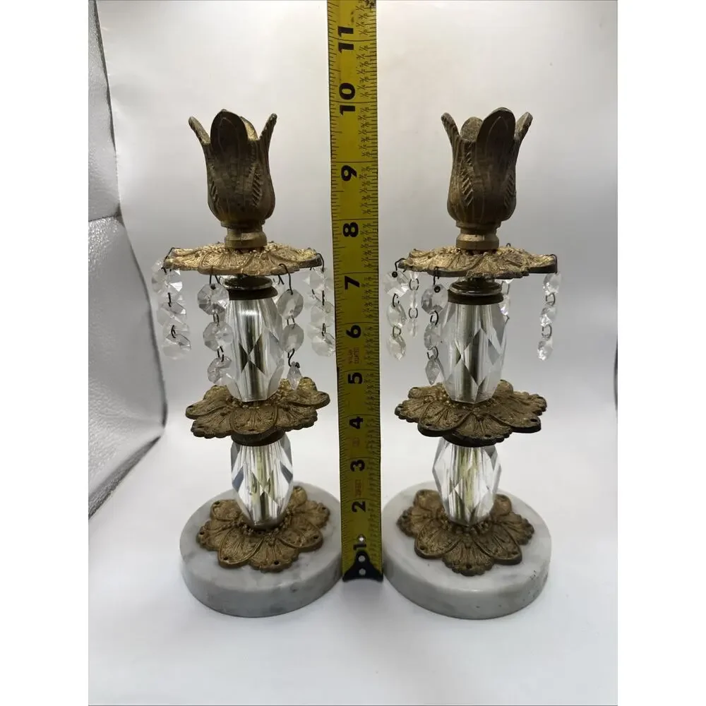 Set 2 Vtg Hollywood Regency Crystal Brass Marble 10”Candlesticks With Crystals *